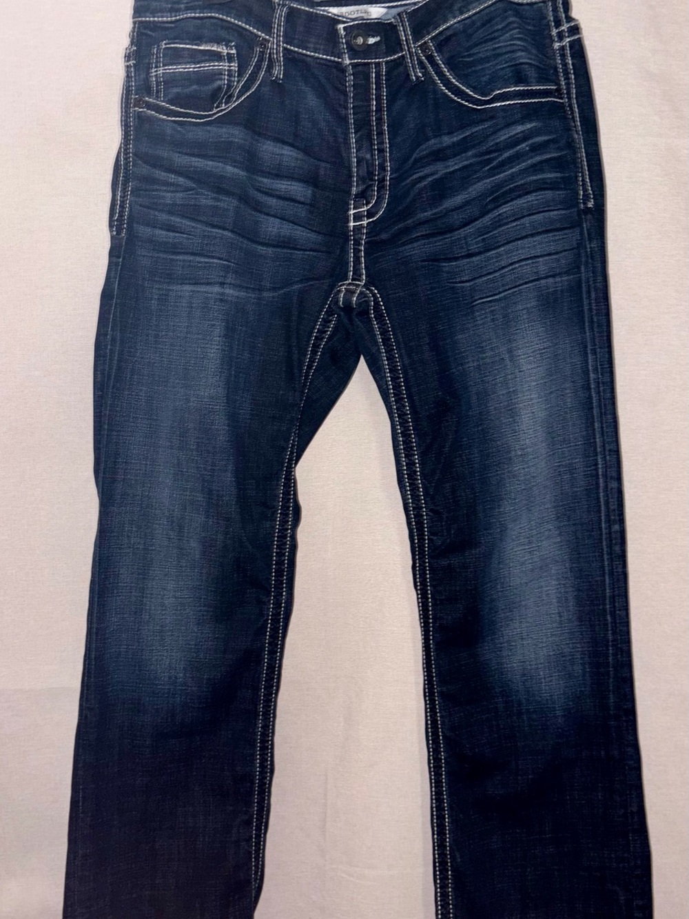 BKE Jake Jeans Mens 34S Bootleg Dark Wash Distressed Y2K Western Buckle Denim